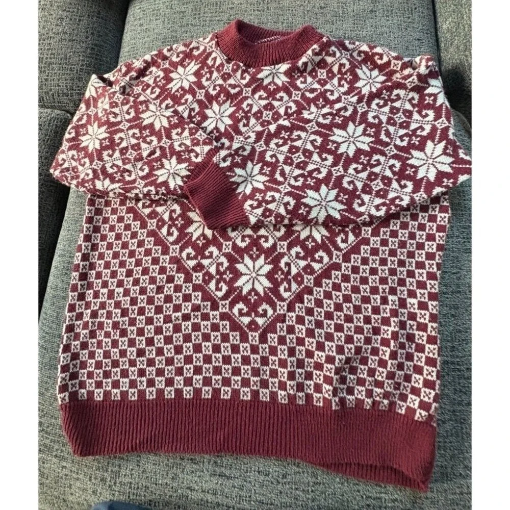 Vintage American Pride Burgundy Snowflake Fair Isle Sweater Womens 20W Made‎ USA